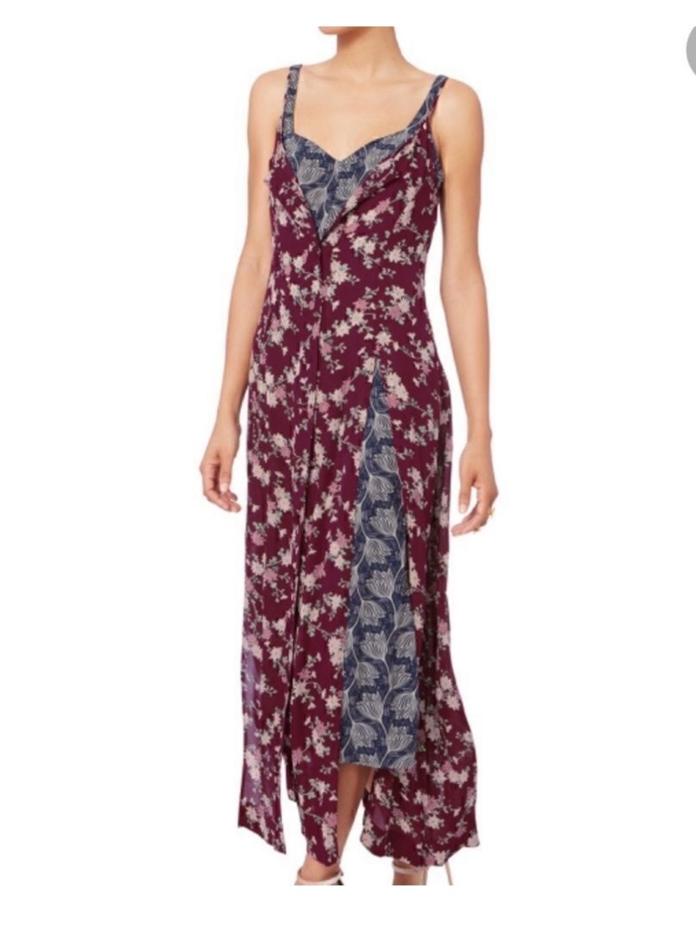 cinq a sept Burgundy and Navy Mixed-Print Slip Maxi Dress